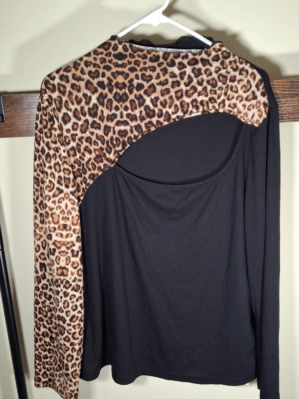 Leopard Print & Black Ribbed Cutout Long Sleeve Top
